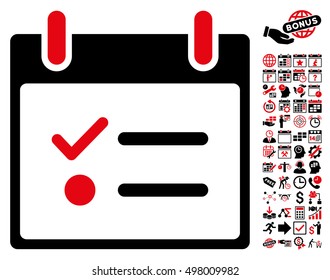 Todo List Calendar Day icon with bonus calendar and time management graphic icons. Vector illustration style is flat iconic symbols, intensive red and black, white background.