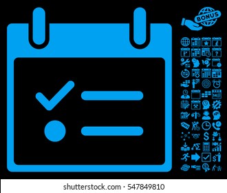 Todo List Calendar Day icon with bonus calendar and time management images. Vector illustration style is flat iconic symbols, blue, black background.