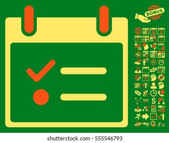 Todo List Calendar Day icon with bonus calendar and time management symbols. Vector illustration style is flat iconic symbols, orange and yellow, green background.