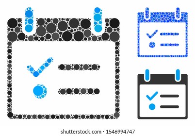 Todo list calendar day mosaic of small circles in variable sizes and color tinges, based on todo list calendar day icon. Vector small circles are combined into blue mosaic.