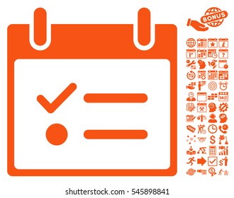 Todo List Calendar Day pictograph with bonus calendar and time management pictures. Vector illustration style is flat iconic symbols, orange, white background.