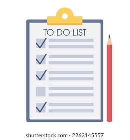 To-do list with check marks in flat style. Tablet board with a list of tasks and a pencil 