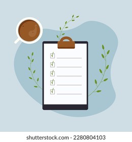 
To-do list with checkboxes. Flat vector illustration on the topic of planning and time management.
To-do list, foliage, a cup of coffee. Eps 10.