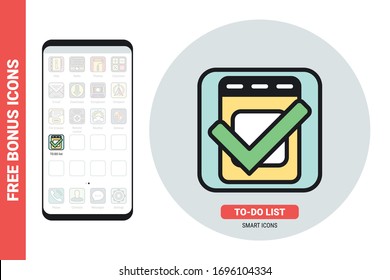 To-do list or checklist application icon for smartphone, tablet, laptop or other smart device with mobile interface. Simple color version. Contains free bonus icons