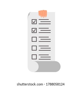 To-do list, check-marked list of items, long scroll in hand. Vector illustration, flat cartoon design, isolated on white background, eps 10.