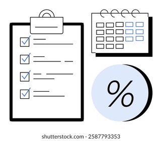 To-do list with checkmarks on clipboard, spiral-bound calendar with grid, and large percentage symbol. Ideal for task management, project planning, scheduling, goal setting, productivity tracking