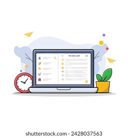 Todo List in Computer with Clock Vector Illustration. Work Process Concept Design