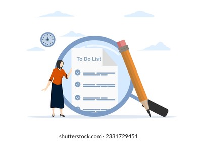 to-do list concept. Checklist for job completion. Check important plans or documents. Businessman standing with pencil and magnifying glass after completing all to do list. flat vector illustration.