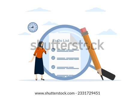 to-do list concept. Checklist for job completion. Check important plans or documents. Businessman standing with pencil and magnifying glass after completing all to do list. flat vector illustration.