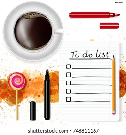 To-do list, a cup of coffee and a lollipop on a white background with grunge stains.