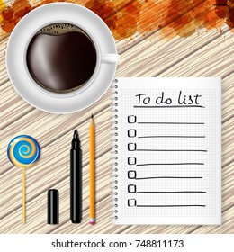 To-do list, a cup of coffee and a lollipop on a white background with grunge stains.