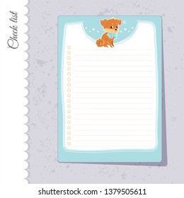 To-do list with a dog with a bow at the neck. Printable Check lists template with place for text. Cute print for planner, notebooks page, organizer design.