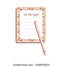 Lista de tareas pendientes con patrón floral y lápiz rosado para chicas glamorosas.Planificadoras para la lista de tareas pendientes.Ilustración vectorial.Hoja de planificación o diario para mujeres de negocios rutinarios para oficina o hogar o educación
