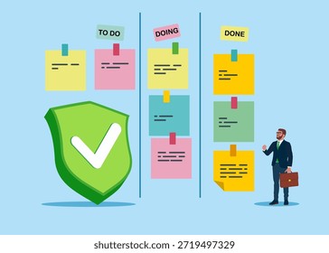 Todo list with green check mark. Project progress on kanban board. In progress task and finished one, project management or planning for production. Vector illustration