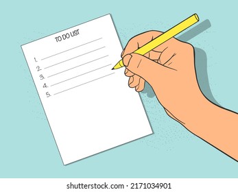 To-do list. The hand writes with a pen on a sheet of paper. Vector illustration