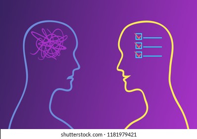 To-do List In The Head And Chaos In The Head. Conception Order Versus Confusion. Vector Illustration.