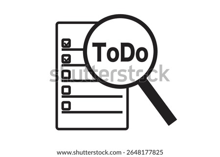 ToDo list and magnifying glass black and white icon illustration.
