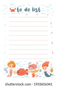 To-do list with mermaids and sea animals. Vector graphics.