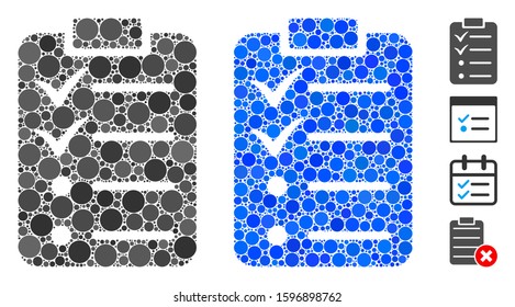 Todo list mosaic of filled circles in different sizes and color tints, based on todo list icon. Vector filled circles are composed into blue collage. Dotted todo list icon in usual and blue versions.