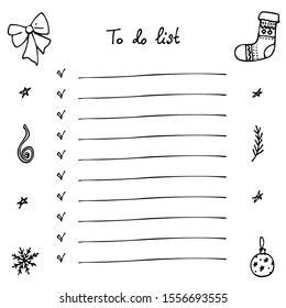 To-do list in the new year and next year. Write a list of what you will do in the new year, all your wildest plans and cherished desires. Decorated with hand-drawn winter elements.