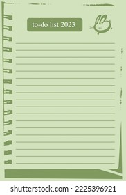 to-do list notebook 2023 green background witn calligraphy rabbit symbol chinese horoscope. plan list with rabbit 2023