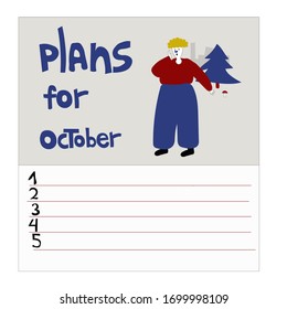 Lista de tareas pendientes para octubre. Planes mensuales. Un hombre perdió su camino en el bosque y pide ayuda. Concepto de ilustración vectorial en estilo doodle.