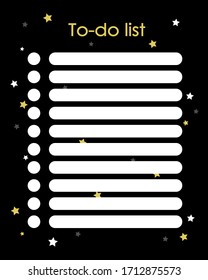 To-do list on a black background with stars, lines for writing and circles for progress marks