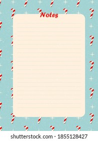 The to-do list on Christmas, set goals for the new year, organiser for tasks, shopping list. Christmas striped candy with stars on the background. Time-management
