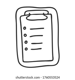 To-do list on a clipboard in Doodle style. A checklist to mark a completed task. The icon is hand-drawn and isolated on a white background. Black and white vector illustration.