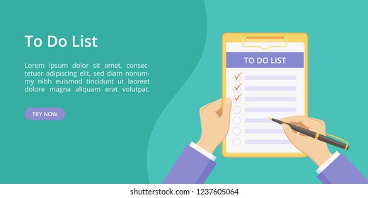 Todo list on clipboard with hands landing page concept. Website page vector concept, checklist with task to do. Online todo list service green landing template illustration with hand and clipboard