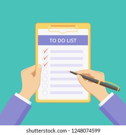 Todo list on clipboard with hands vector illustration. Checklist document with task to do on board with paper clip. Flat man hands holding pen and clipboard with todo list on green background.