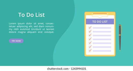 Todo list on clipboard with pen web template. Vector landing page concept, note and task to do on board with paper clip. Web template illustration, pen and clipboard with todo list on green background