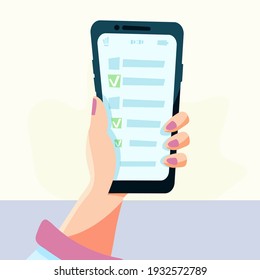 lista de tareas pendientes en la pantalla. la mano sostiene el teléfono. Ilustración vectorial en estilo plano