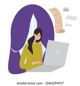 to-do list online. Vector illustration of a woman working at a computer near the window and marking things on the calendar. Work at home, office, freelance