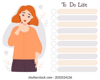 Organizador de listas de tareas pendientes. Una linda chica pensativa de cabello rojo mira la lista de cosas por hacer. Ilustración vectorial. Nota, planificación de días, gestión de horas. Dibujo de estilo plano para impresión, diseño y decoración