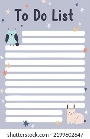 To-do List Page Design In Scandinavian Style. Todo, Plan Paper Template With Cute Animals And Stars Decoration. Blank Background With Lines For Planner, Diary. Colored Flat Vector Illustration