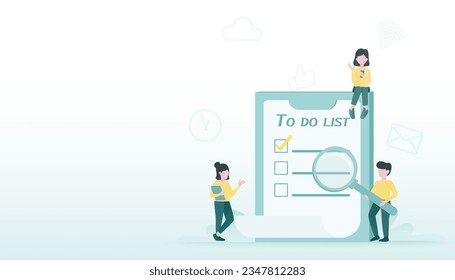 To-do list paper and planning checklist concept. Business people holding magnifying glass, check to-do list, daily tasks. Flat vector design illustration with copy space.
