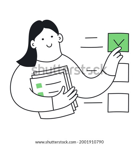 To-do list, performing prescribed tasks, filling out a questionnaire. Cute cartoon woman ticks the document. Thin line vector illustration on white background.