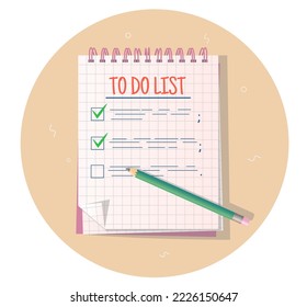 To-do list. Plan for the day. Time management. Organization of time. Notebook with pencil. Completed deeds. Isolated vector illustration.