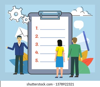 To-do list, planning concept. People stand near document, to do list. Poster for web page, banner, social media, presentation. Flat design vector illustration