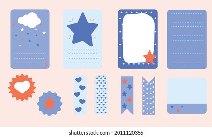 To-do list, post-it and scotch tape set. cute note pad. note paper with abstract star, heart, cloud in blue, red, blue