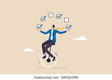 Todo list professional, business or work accomplishment, project management to track completed tasks or checklist to check for completion concept, businessman juggling checkbox on unicycle.