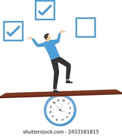 Todo list professional, business or work accomplishment, project management to track completed tasks or checklist to check for completion concept, businessman balance on clock juggling.

