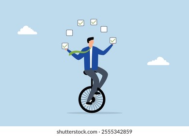 Todo list professional, businessman juggling checkbox on unicycle.