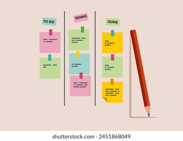 Todo list, in progress task and finished one, project management or planning for production. Flat vector illustration. 