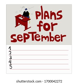 To-do list for september. Plans for the month. A man sits at a table and leafs through a notebook. Vector illustration concept in doodle style.
