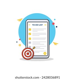 Todo List in Smartphone with Target Symbol Vector Illustration. Work Process Concept Design