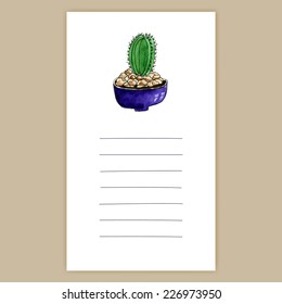 To-Do List Stock Vector Cute Note Card with Watercolor Cactus in purple pot Illustration.