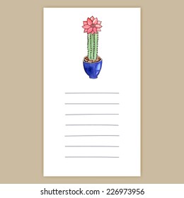 To-Do List Stock Vector Cute Note Card with Watercolor Blooming Cactus Illustration.