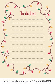 To-do list template with Christmas light bulbs. Vector illustration.